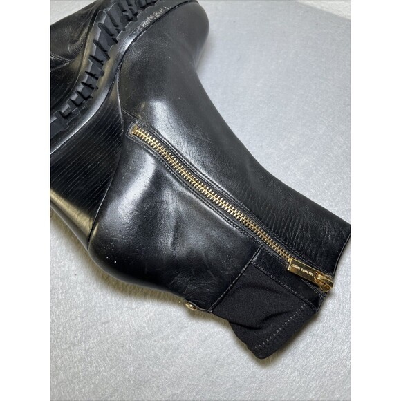 Michael Kors Leather Ankle Bootie Wedge Womens 6.5 Black Gold Accents - Picture 8 of 13